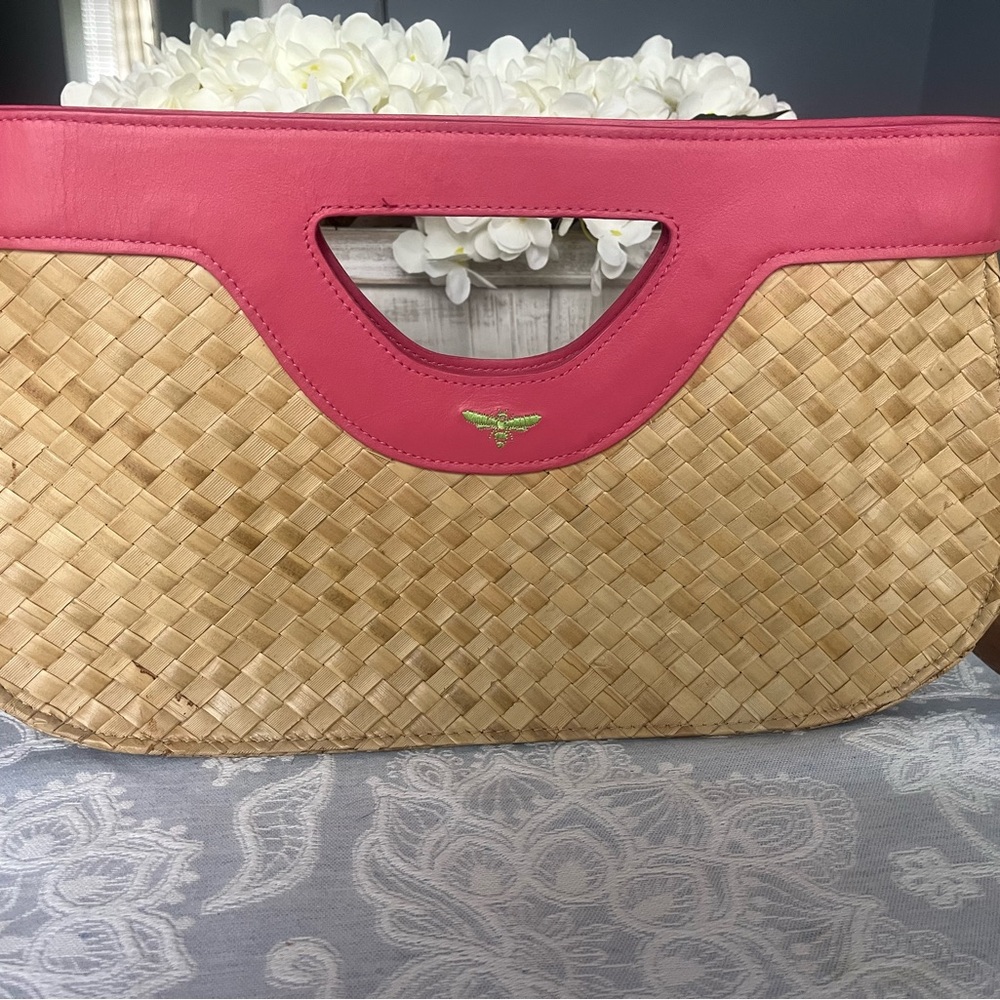 Pink and Tan Woven Clutch with Modern Design